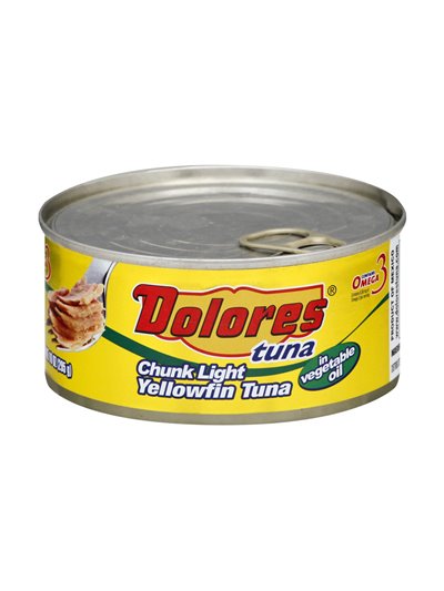 Can of Dolores tuna with yellow label on a white background